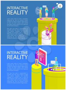 Virtual reality text sample on posters set with people on new digital era. Man and woman with screens, downloading files, talking and playing vector