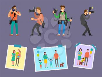 Team of photographers with professional equipment camera gears and tripod vector. Samples of works, family pictures with mother, father, child and pet