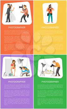 Photographer services promo vertical banners. Wedding photo, photojournalist with camera, model at studio and still life picture vector illustrations.