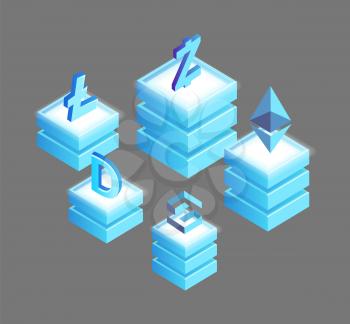 Litecoin, ethereum ripple and dogecoin, zcash cryptocurrency financial coins on platform. Bitcoin currency isolated isometric 3d icons vector