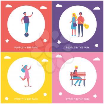 Teenagers in park having fun cartoon style vector banner set. Young couple walking and guy riding on unicycle, girl on skateboard and boy on bench