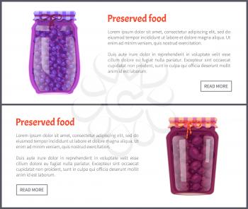 Preserved food banners, berries or fruits. Ripe blueberries and juicy plums in jars with sweet jam on web pages templates vector illustrations set.