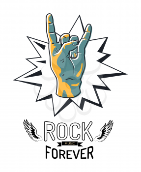 Rock music forever icon sticker. Hand gesture of rockers horned fingers sign. Wings with black ribbon, musical heavy genre isolated on vector illustration