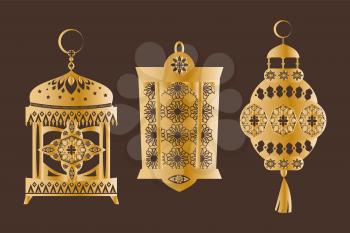Lanterns decorated with ornamental elements, flowers lines moon crescent, different shape of symbolic object on ramadan collection vector illustration