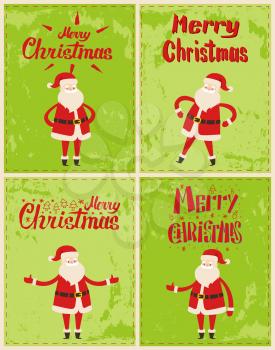 New Year greeting cards design with Saint Nicholas in different poses isolated on grunge green. Santa claus and red lettering greetings inscriptions, vector