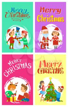 Merry Christmas holidays children building snowman, Santa Claus and Snow Maiden. Children open boxes with gifts, decorating Xmas tree, vector winter cards