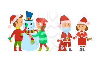Santa Claus with presents bag and female helper vector. Children boy and girl having fun building snowman. Kids playing outdoors in winter season