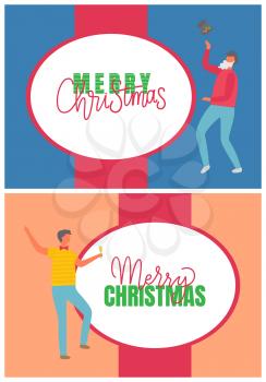 Men holiday party with glass of champagne and in Santa beard with hat. Celebrating boys in jersey and t-shirt and trousers. Greeting Merry Christmas vector