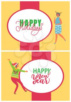 Happy New Year party, dancing women vector cards. Wintertime event, female in deer horn and sweaterwith reindeer. Winter holiday eve festive celebration