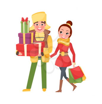 Happy young family getting ready to Xmas eve. Man and woman with bags isolated vector. Merry Christmas, couple returns from shopping with packages