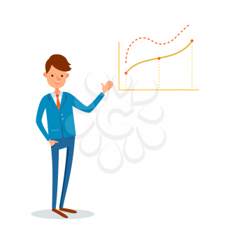 Business meeting, presenter with whiteboard info in visual form vector. Businessman with presentation and statistics data increasing charts, flat style