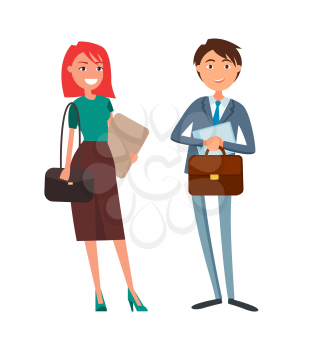 Business people, businesswoman and businessman vector. Partners working together, company director holding  documentation and briefcase. Lady smiling