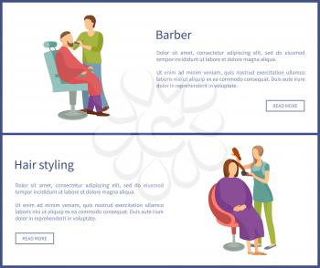 Barber shop and hair styling web posters hairdresser cutting or shaving beard and mustaches to man in armchair. Hairstyle salons with haircut services