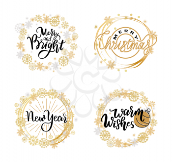 New Year, Merry and bright, warm wishes, lettering doodle with wintertime wreath of snowflakes. Vector calligraphy inscriptions in decorative frames
