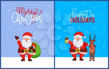 Merry Christmas greeting cards with Santa Claus standing with huge sack of presents. Vector cartoon character Father Frost hold jingle bell and deer