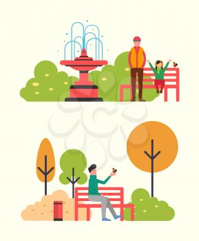 Man sitting on bench and holding bird in hands. Father and daughter walking in autumn park. Fall landscape and color trees. Vector bin and fountain