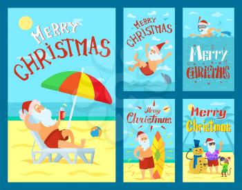 Merry Christmas, Santa Claus lying on sunbed under color umbrella. Father frost jumping into water, surfboarding, decorating abstract Xmas tree with monkey