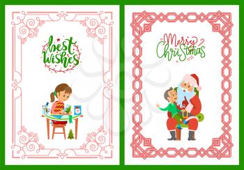 Girl making postcard with best wishes, cutting New Year tree from paper. Merry Christmas poster, Santa Claus and kid making wish to Saint Nicholas, vector