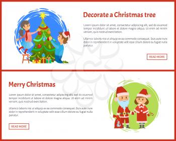 Decorated Christmas tree and Merry Christmas web site pages, Santa Claus and Snow maiden, helper in traditional costumes vector. Winter holidays characters