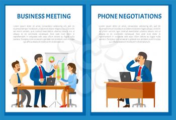 Business meeting with speaker pointing on charts and graphs, phone negotiations vector posters. Boss leader speaking on telephone, conversation with client