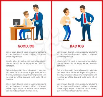 Good and bad job, chief executive at work set of posters vector. Employer with employees, leader handshaking workmate, praising colleague with file