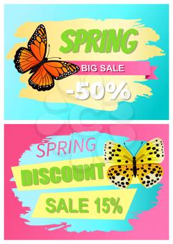 Spring big sale 50% off labels set butterflies of orange color with ornaments and decorated wings, vector illustrations promo advertssale 15%