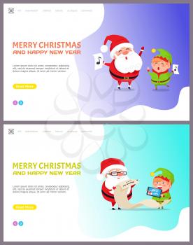 Congratulation Merry Christmas and Happy New Year webpage. Cheerful Santa Claus and Elf standing with papers reading and singing list of gifts vector