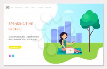Spending time in park poster with girl sitting on grass and making selfie. Woman freelancer walking outdoors on background of buildings, web page vector