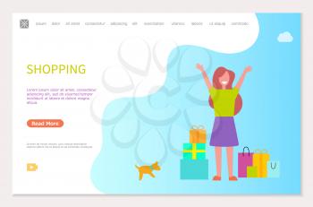 Shopping webpage template, happy woman with packages and gifts vector. Pet dog and packed gifts, smiling girl with hands up, online landing page template