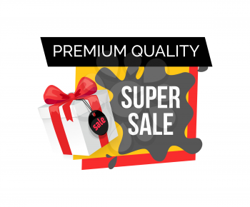 Premium quality of products, super sale, shops discount vector. Reduced price on goods, new special offer of store. Present in box decorated with bow