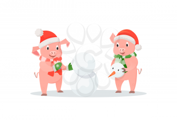 Pigs building snowman, New Year or Christmas. Animals in hats and mittens with scarf, winter holidays and outdoor activity, friendship vector illustration