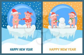 New Year greeting card, piglets couples, gift box and snowman. Pigs exchanging presents, outdoor activity in snow, Santa hat vector on icy cliff in ball