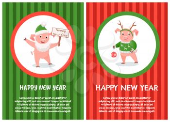 Happy New Year poster, cartoon pig in green hat and in Santa Claus beard wishes Merry Christmas. Piglet in sweater with reindeers, with toy ball, in round frame