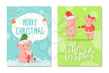 Greeting card Merry Christmas 2019 illustration. Sitting pink piggy in santa hat with gift box. Boy in red cap holding gift. Girl in jersey and bow vector