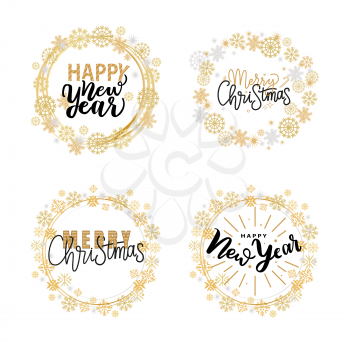 Happy Holidays, Merry Christmas and holidays, festive greetings, calligraphy prints, winter season wishes. Xmas lettering vector, doodles in wreath