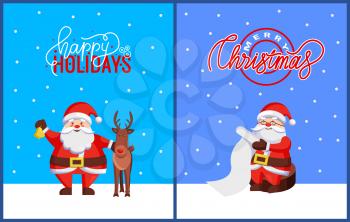 Christmas greeting cards with Santa Claus and deer. Vector cartoon character of Jack Frost with jingle bell and reindeer. Fairytale hero with wishlist