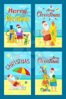 Merry Christmas, Santa Claus making photo with snowman, vector surfboarder and old man on sleigh with fruits, diving in water, Nicholas on summer holidays