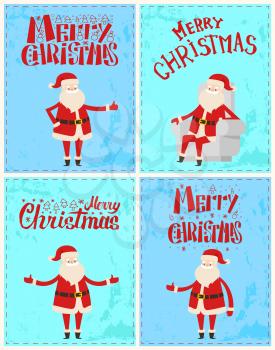 Merry Christmas Santa Claus postcard with lettering greetings and Santa Claus. Xmas cartoon character in armchair, wide open hands, wishing happy holidays