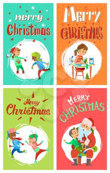 Merry Christmas greeting cards set. Vector children playing snowballs, skating outdoors, girl making hand made presents, boy telling wishes to Santa Claus