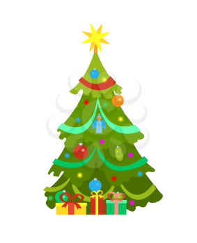 Decorated Christmas tree vector icon isolated on white. Spruce with New Year garlands, balls and cones, angel toy. Gift boxes in wrapping paper beneath