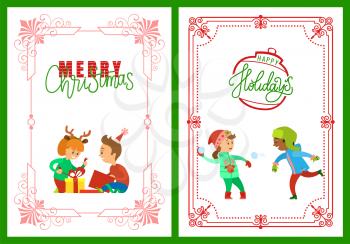Merry Christmas and happy winter holidays vector. Children set playing snowball fight and unpacking presents. Gifts in opened boxes to cheerful kids