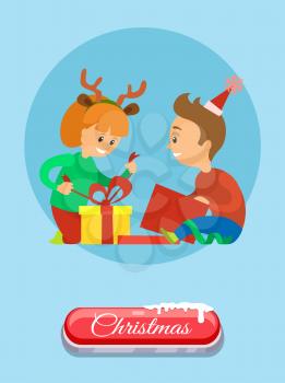 Christmas holidays, children opening presents vector. Boy and girl unpacking gifts, smiling children unwrapping packages with surprises, vector web page on blue