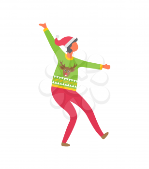 Woman in sweater with reindeer, dressed in pink trousers and Santa Claus Hat wishes Merry Christmas. Dancing female stand on one leg, vector icon