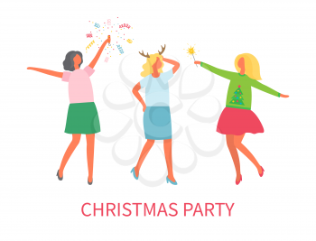 Christmas party woman company winter celebration vector. Friendship of ladies, female wearing funny reindeer horns, people with confetti and glass