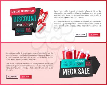 Special promotion, mega discount shops offers vector. Limited time only, best proposition, exclusive bargain from store. Sale on presents  gifts boxes