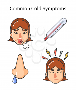 Common cold symptoms, sick girl isolated icons vector. Fever high temperature, runny nose drop, female coughing, headache and bolts of pain anger