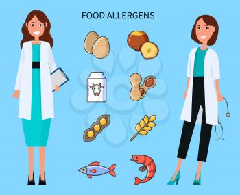 Food allergens, doctors with causing isolated icons set vector. Milk and fish, wheat and beans, shrimps and raw eggs, nut products. Nurses smiling