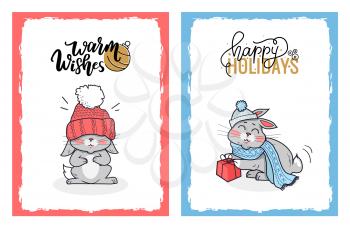 Clipart of lovely rabbits on Christmas cards. Happy Holidays wishes to us smilling vector rabbit in the warm winter clothes with the huge red present.