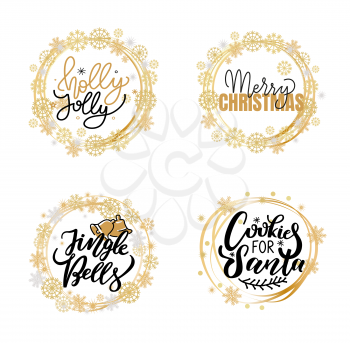 Holly Jolly quote, Merry Christmas text for greeting cards, lettering font. Black and gold inscription, winter holidays in wreath tag, snowflakes frames