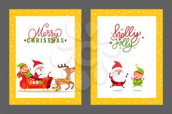 Merry Christmas cards with Santa, Elf and Deer. Vector cartoon images of Father Frost, dwarf and reindeer riding carriage full of presents and gift boxes